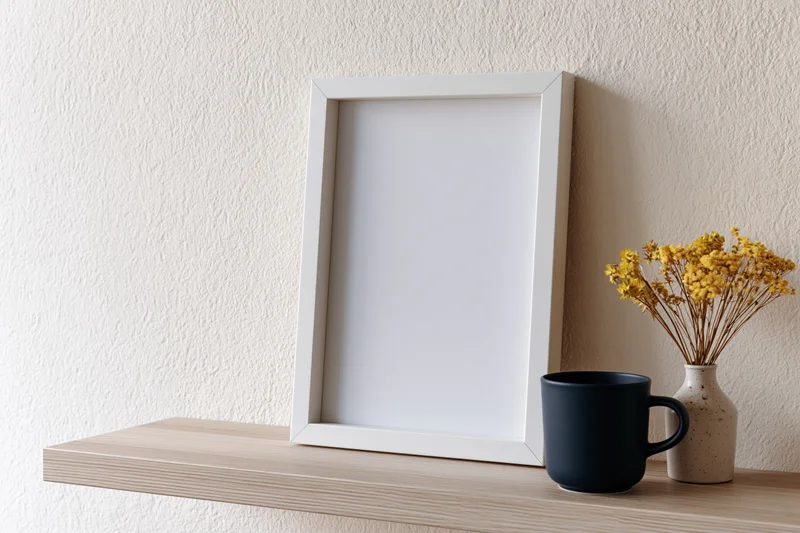 Blank white frame leaning on wooden shelf beside black mug and vase with dried yellow flowers against textured cream wall