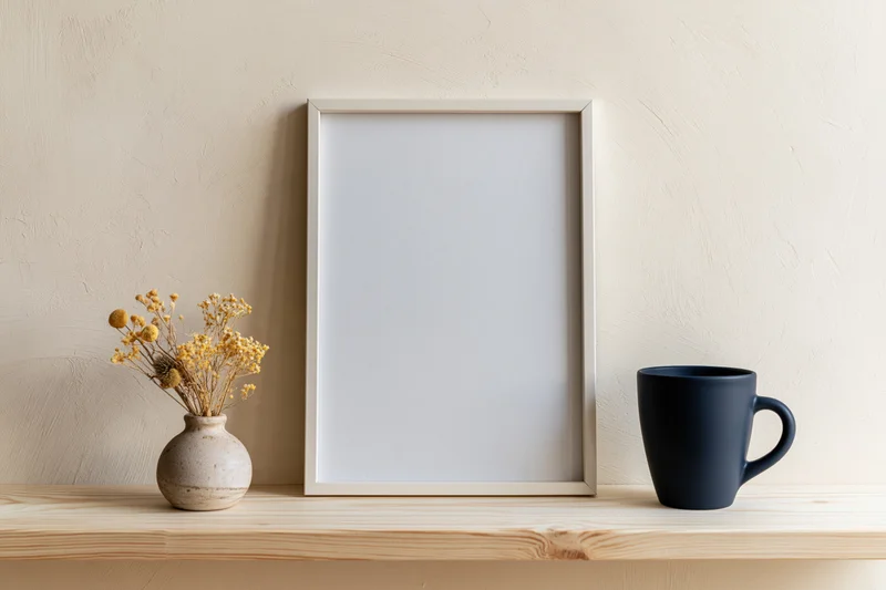 Blank white frame leaning on wooden shelf beside vase with dried flowers and dark mug against cream wall