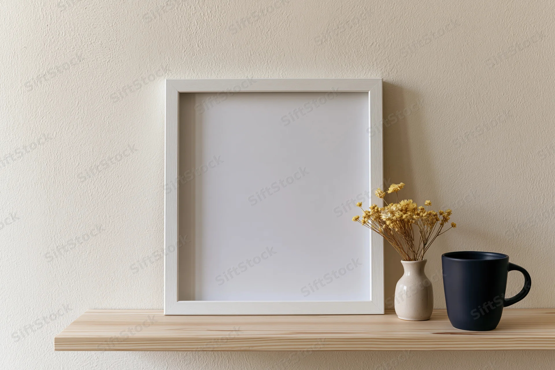Blank white frame leaning on wooden shelf beside vase with dried flowers and navy mug against cream wall