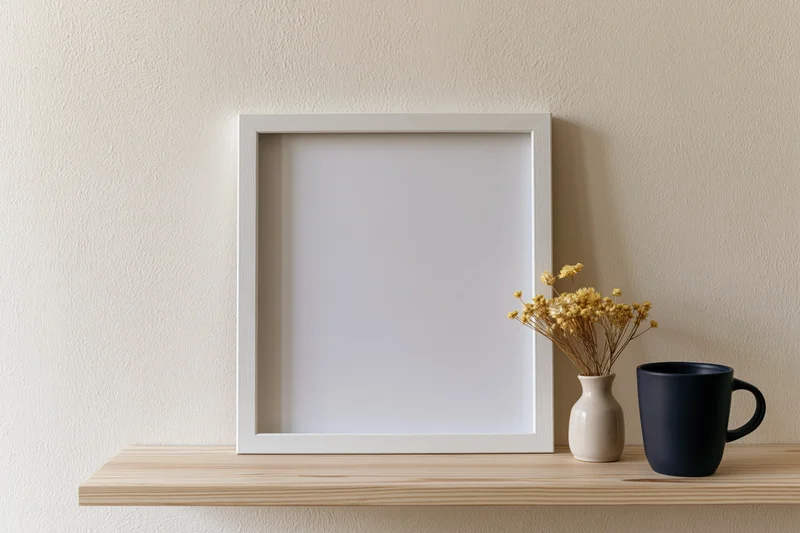 Blank white frame leaning on wooden shelf beside vase with dried flowers and navy mug against cream wall