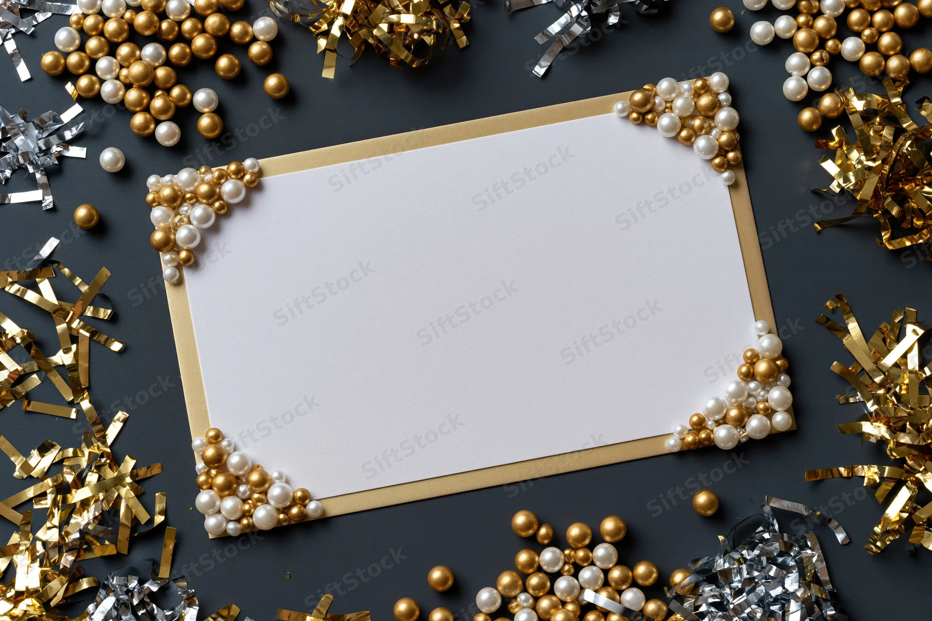 Blank white card with gold and pearl embellishments on dark charcoal surface surrounded by festive confetti