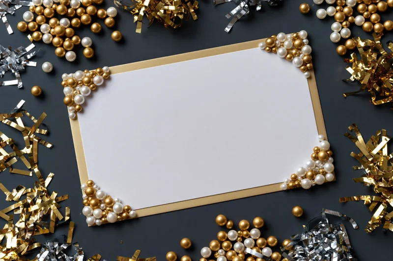 Blank white card with gold and pearl embellishments on dark charcoal surface surrounded by festive confetti