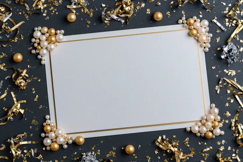 Blank white card centered on dark charcoal surface surrounded by gold confetti and pearls
