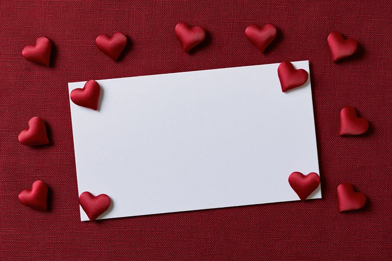 Blank white card surrounded by red hearts on textured red fabric surface