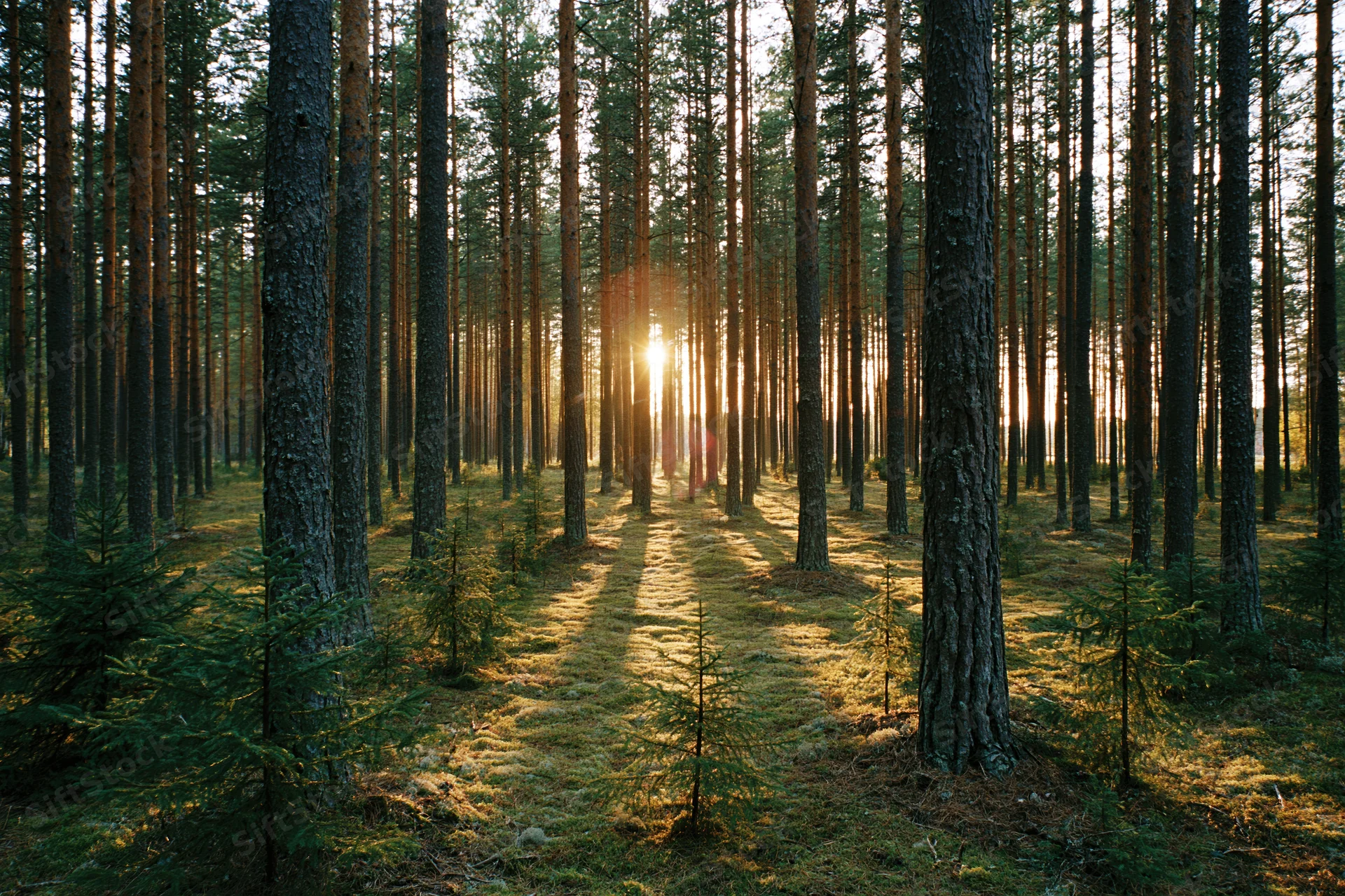 Sunlight filtering through tall pine trees in a boreal forest at golden hour