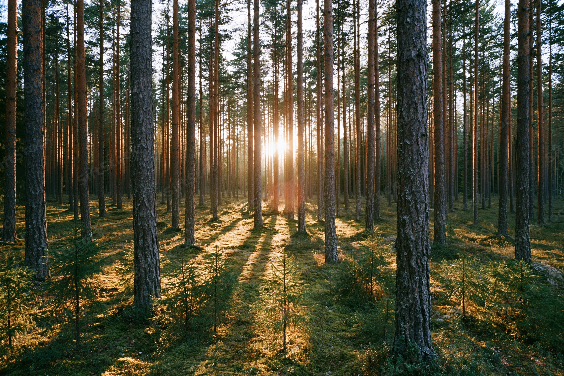 Sunlight filtering through tall pine trees in a boreal forest at golden hour