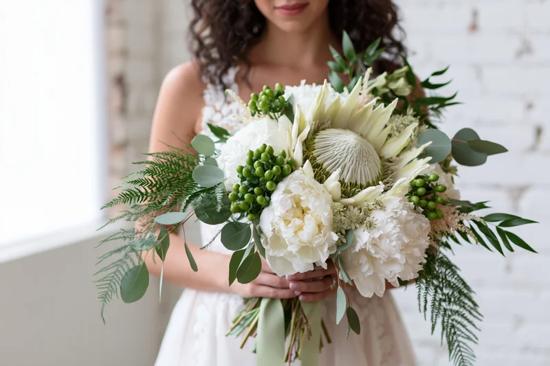 Bride holding a large cascading bouquet of white peonies and proteas with greenery