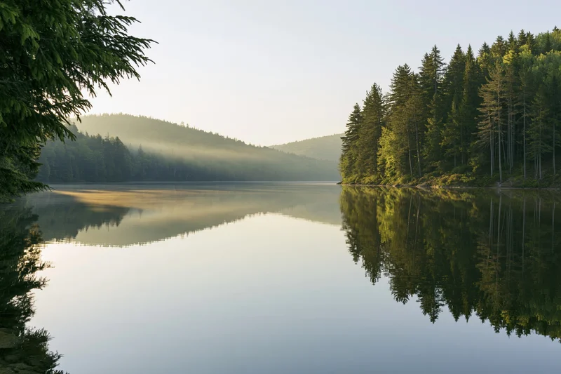 Calm lake reflecting pine trees and misty mountains at sunrise