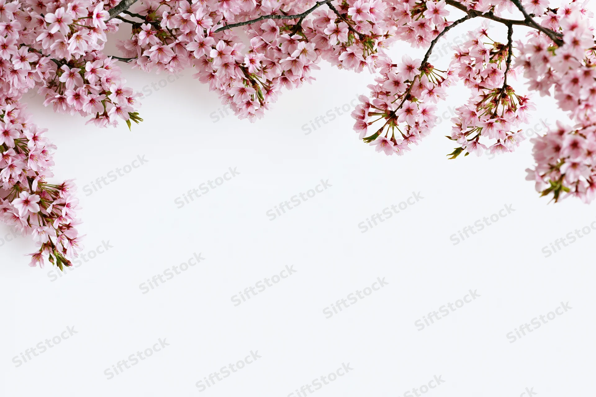 Cherry blossom branches curving across the top and sides of a white background
