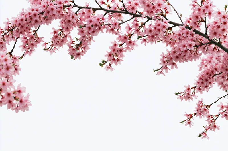 Cherry blossom branches curving across the top and sides of the frame against a white background