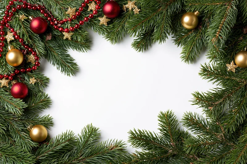 Fir branches with red and gold ornaments arranged as a decorative border frame on white background