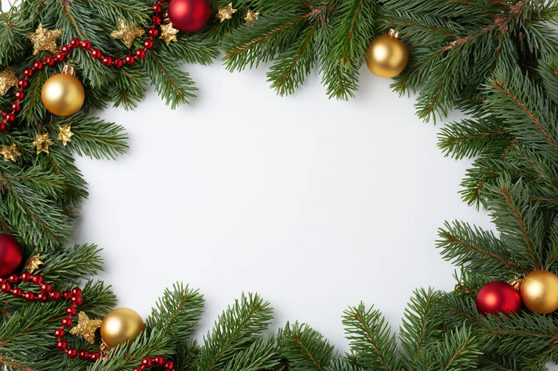 Fir branches with red and gold ornaments arranged as a festive border frame on white background