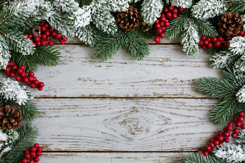 Snow-dusted fir branches with red berries and pinecones arranged as a border on a white wooden surface