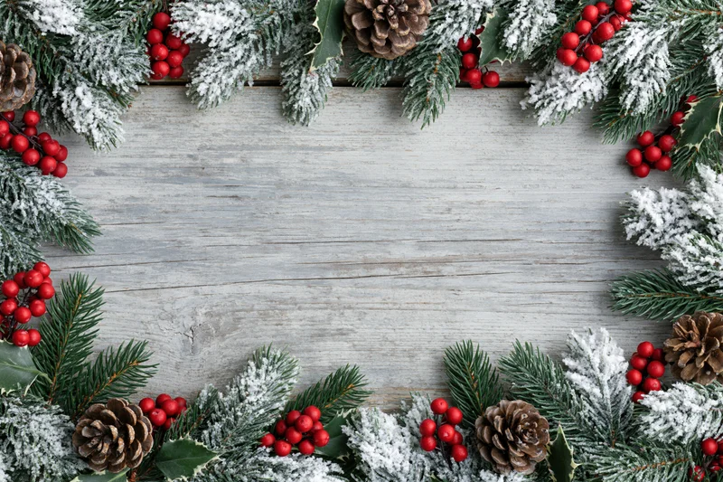 Snow-dusted fir branches with pinecones and holly berries arranged in a border on a rustic wooden surface