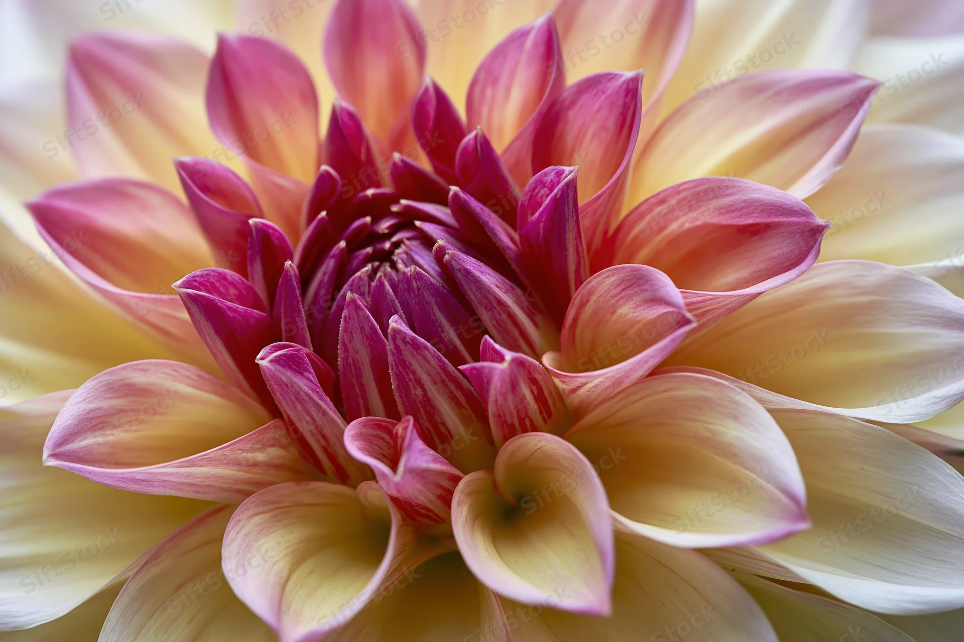 Close-up of a dahlia bloom with layered pink and yellow petals filling the frame