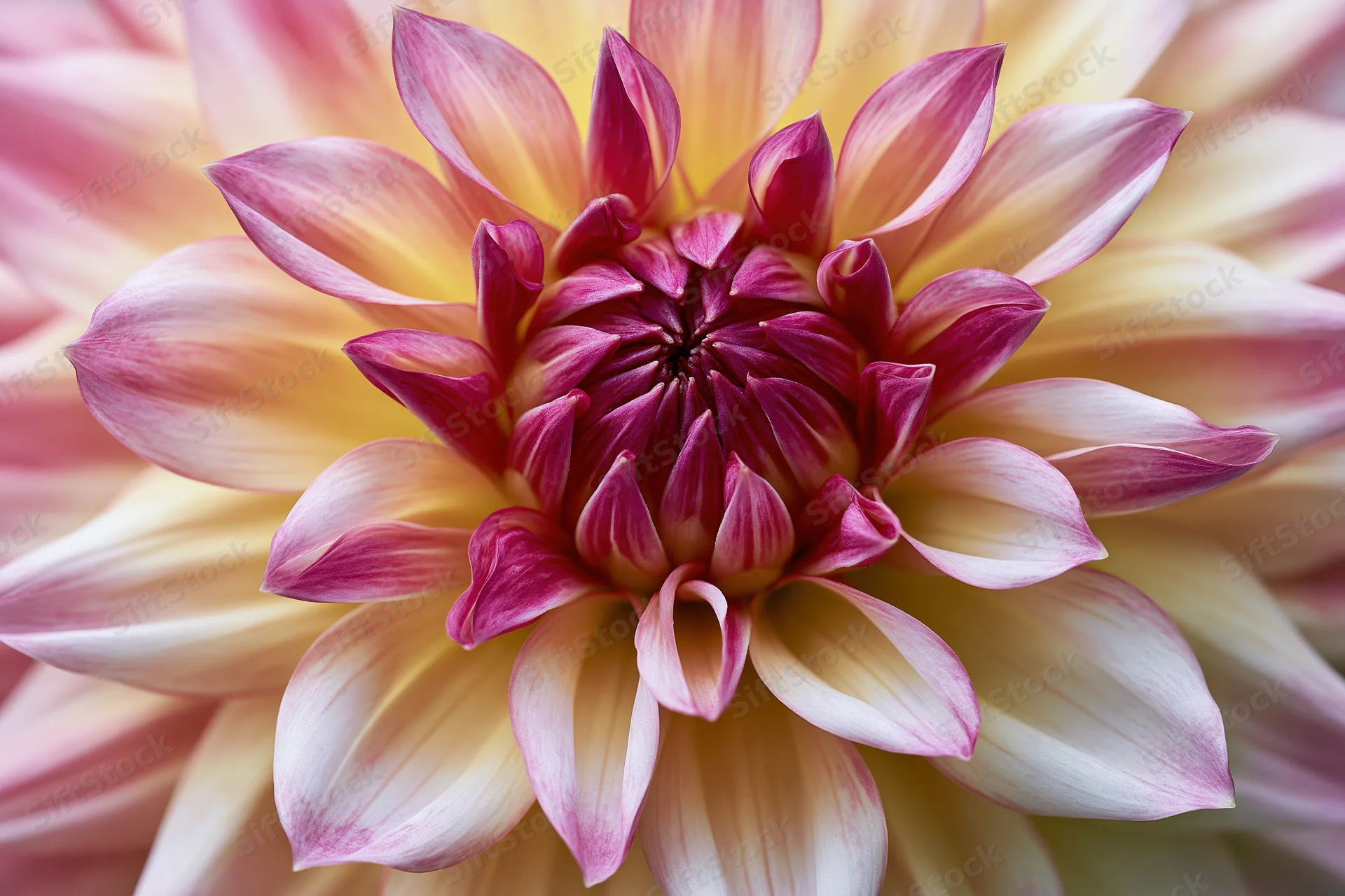 Close-up of a dahlia bloom with pink and yellow petals filling the frame