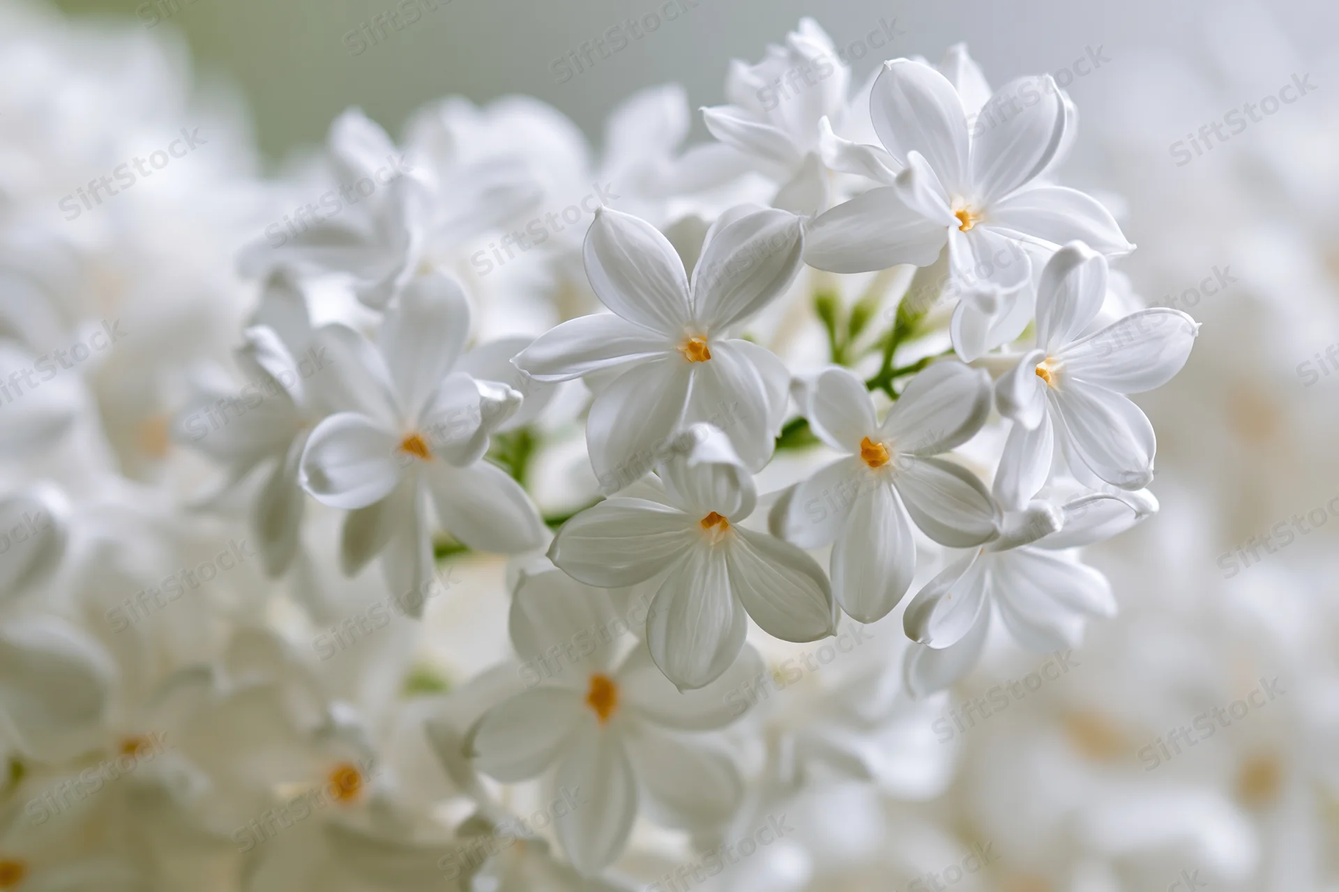 Close-up of white lilac flower cluster in full bloom with soft focus background