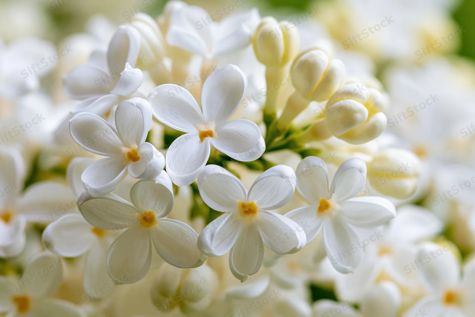 Close-up of white lilac flower cluster in full bloom with soft focus background
