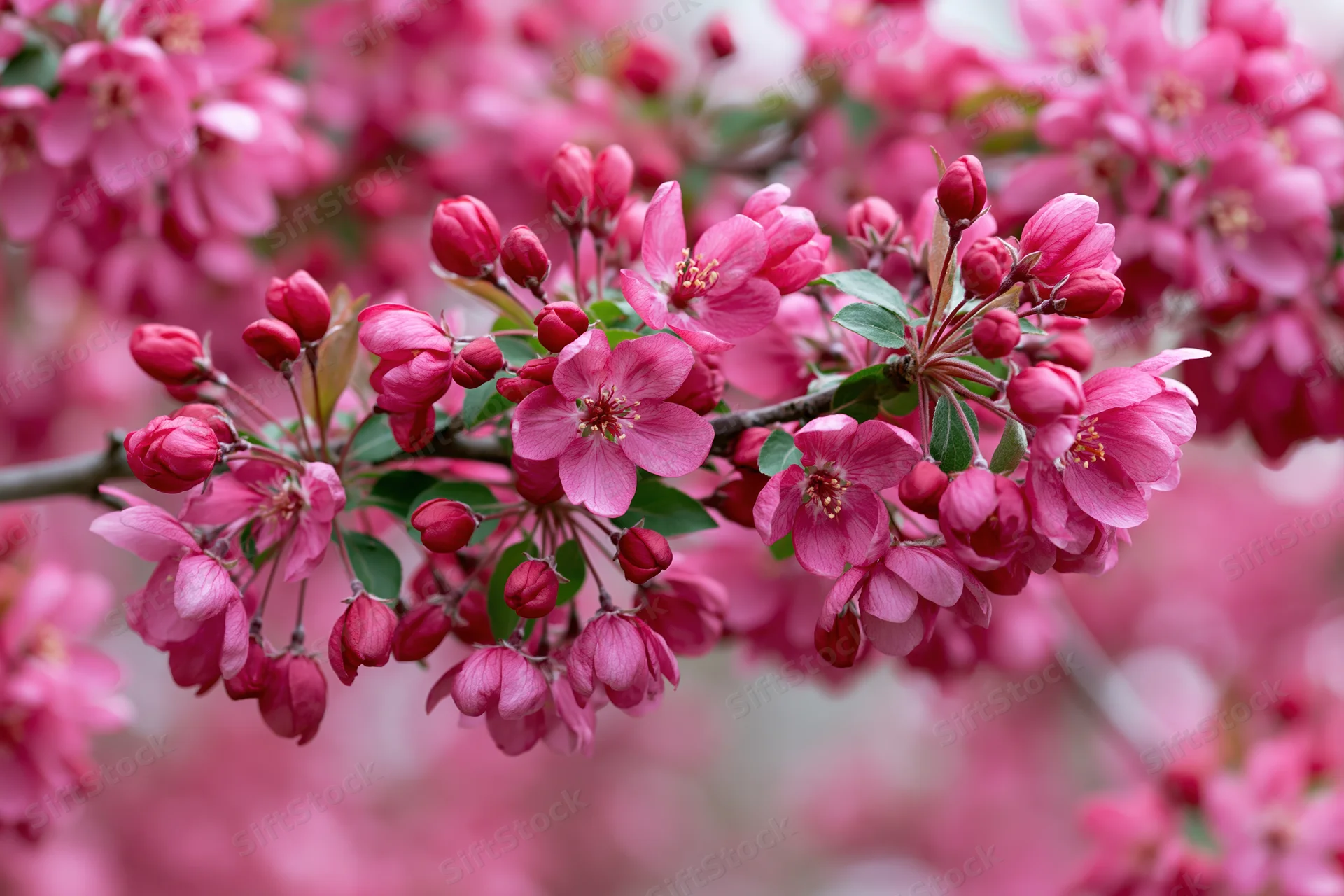 Close-up of a flowering crabapple branch with deep pink blossoms and buds in spring