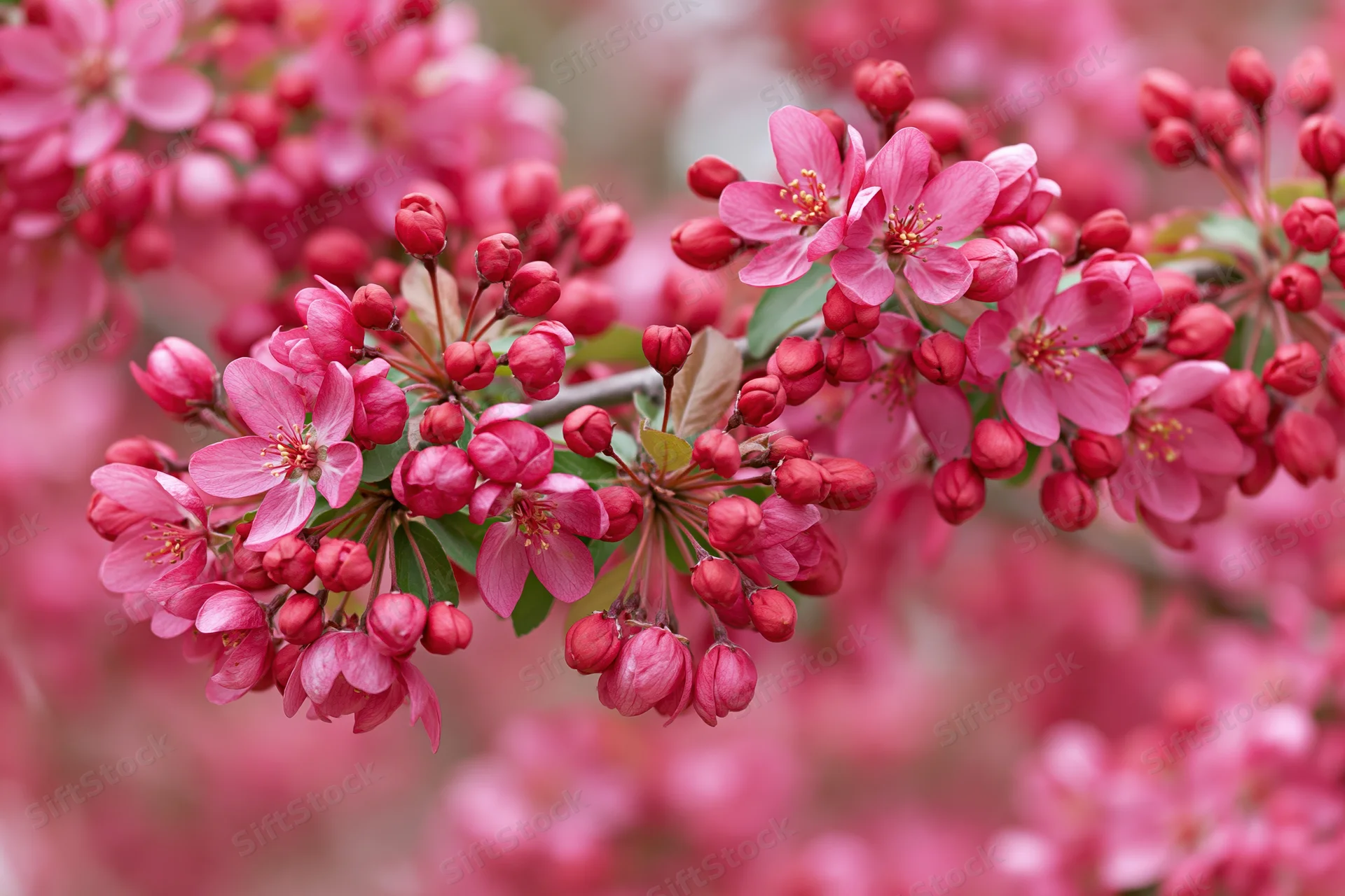 Close-up of a flowering crabapple branch with deep pink blossoms and buds in spring