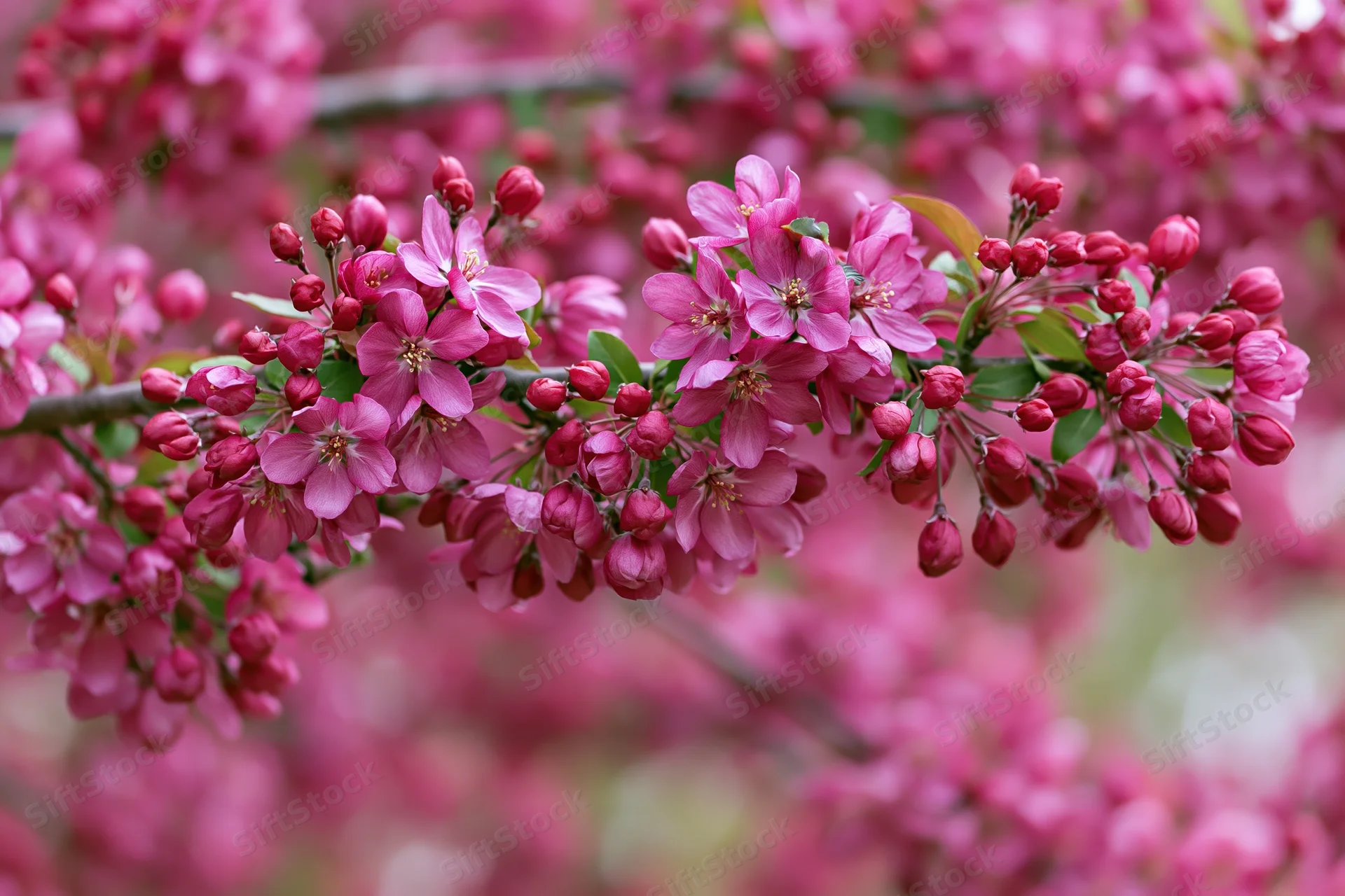 Close-up of a flowering crabapple branch with deep pink blossoms and buds in spring garden