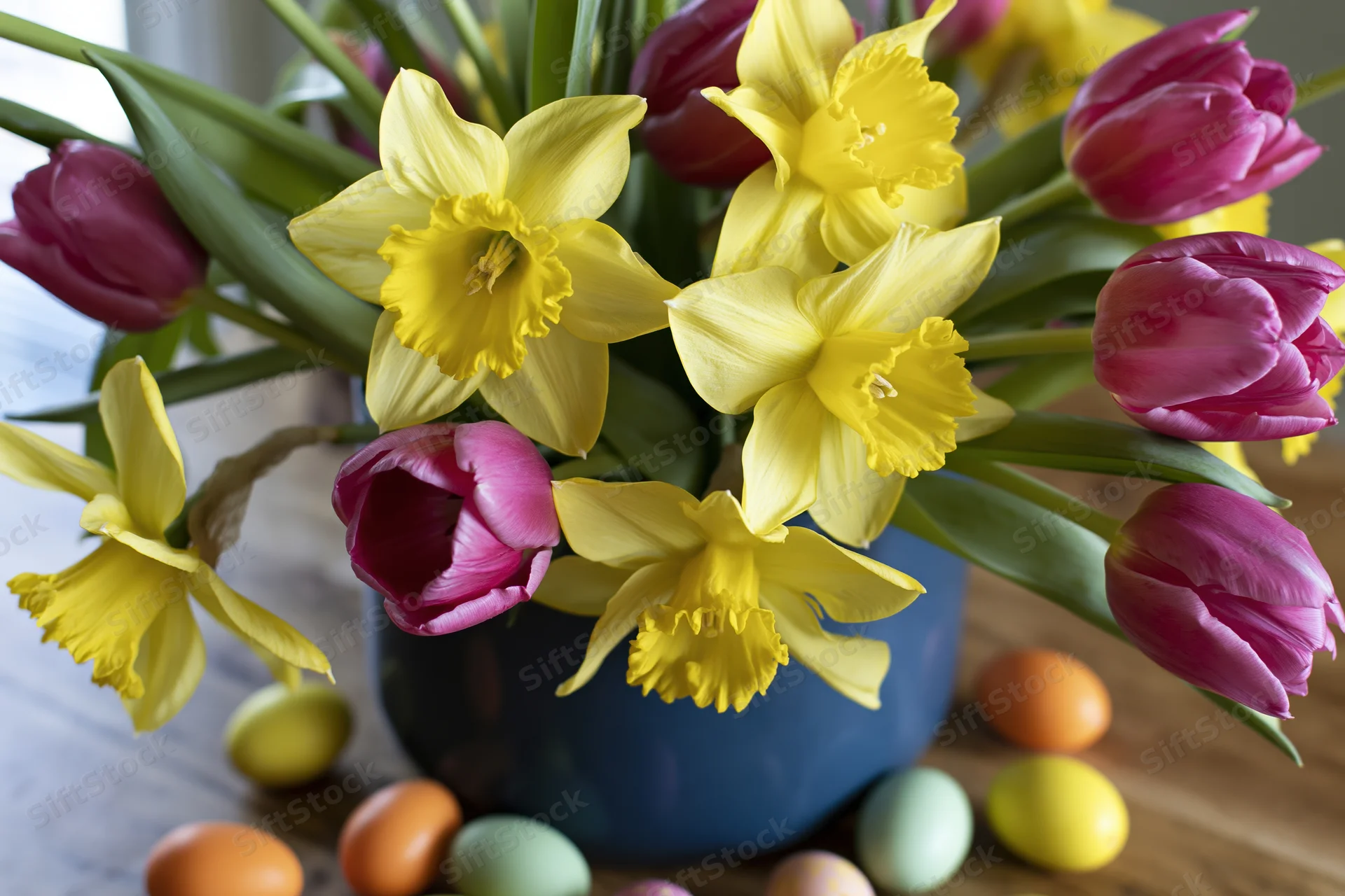 Close-up of a bouquet of yellow daffodils and pink tulips in a blue vase with colorful eggs on a wooden table