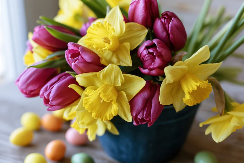 Close-up of a bouquet of yellow daffodils and pink tulips in a dark vase on a wooden table with colorful easter eggs scattered around