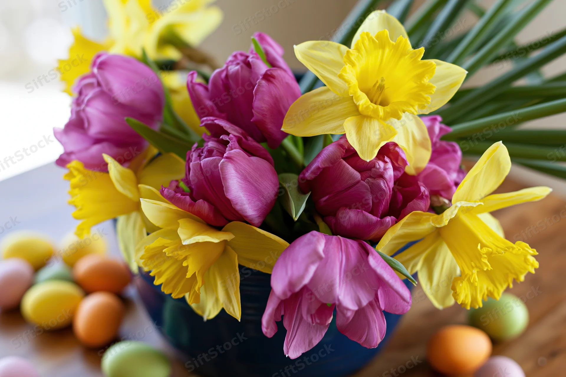 A bouquet of yellow daffodils and pink tulips in a blue vase with pastel eggs on a wooden table