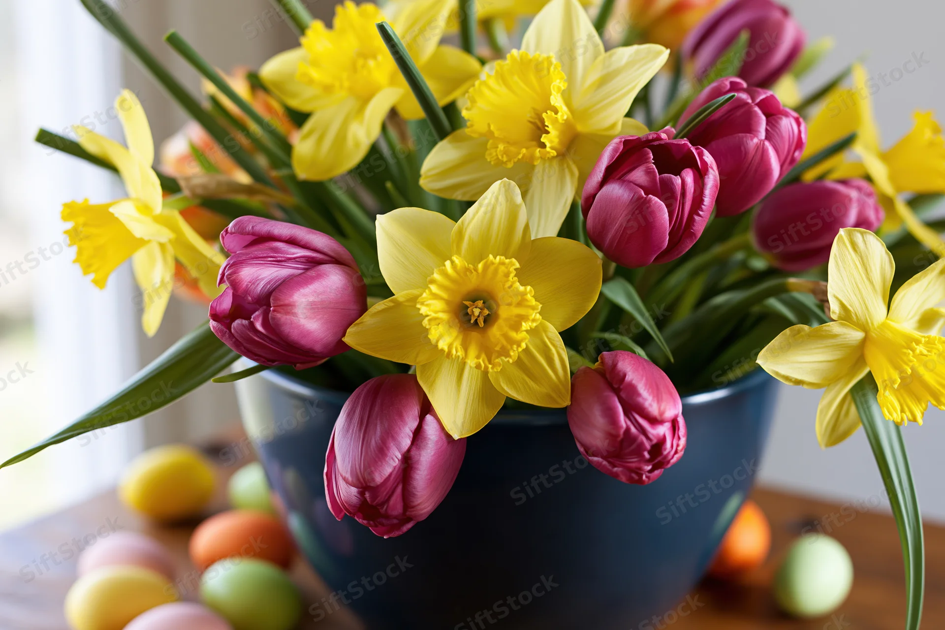 Closeup of yellow daffodils and pink tulips in a blue vase with colorful eggs on a wooden table
