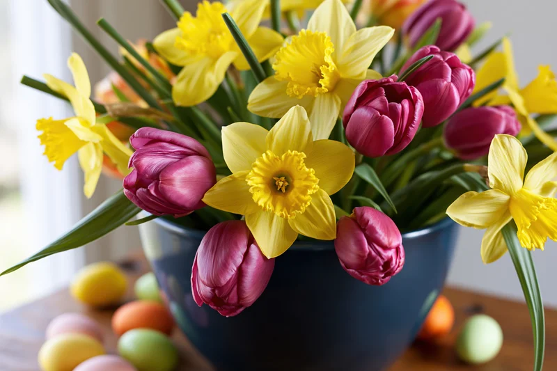 Closeup of yellow daffodils and pink tulips in a blue vase with colorful eggs on a wooden table