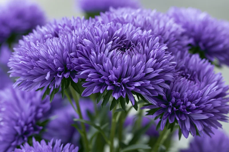 Cluster of deep violet aster flowers in full bloom with green stems and soft focus background
