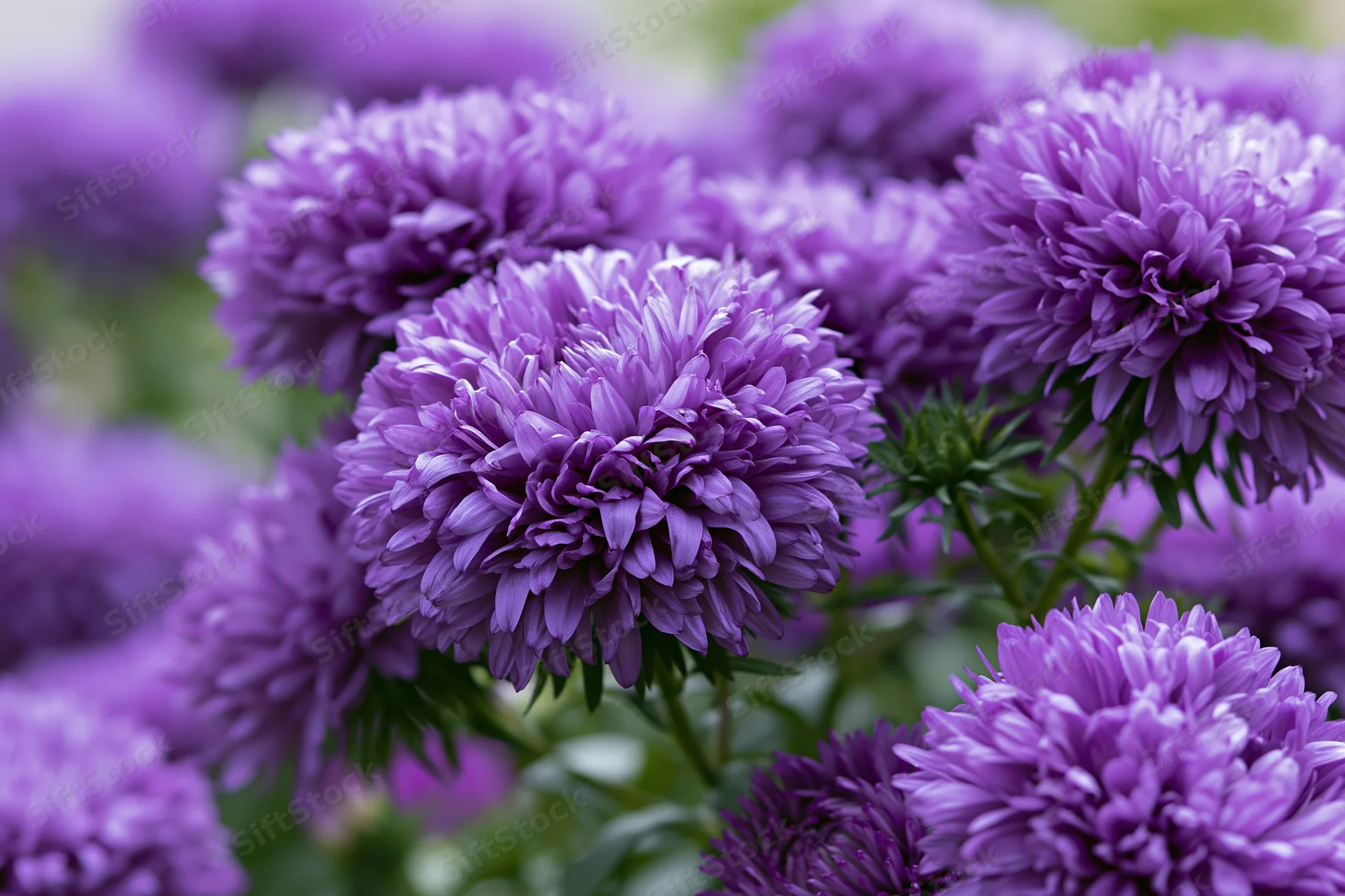 Cluster of deep violet aster flowers in full bloom densely arranged in a garden setting