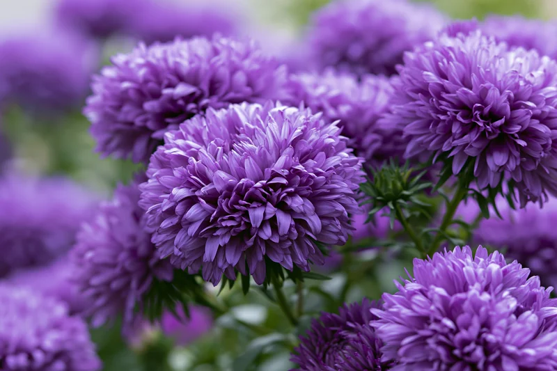 Cluster of deep violet aster flowers in full bloom densely arranged in a garden setting