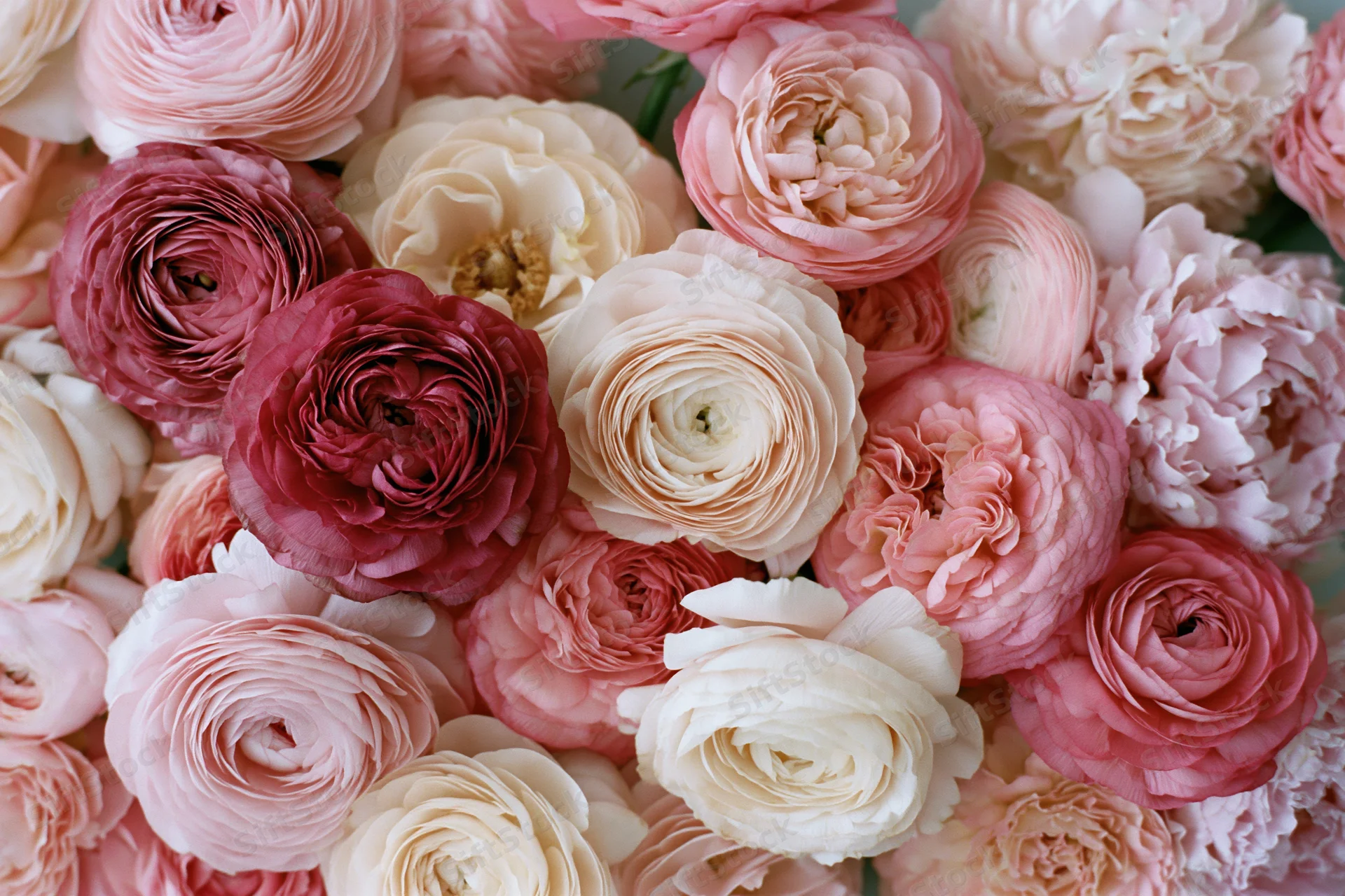 Dense cluster of ranunculus and peony-like blooms in soft pink, white, and cream hues