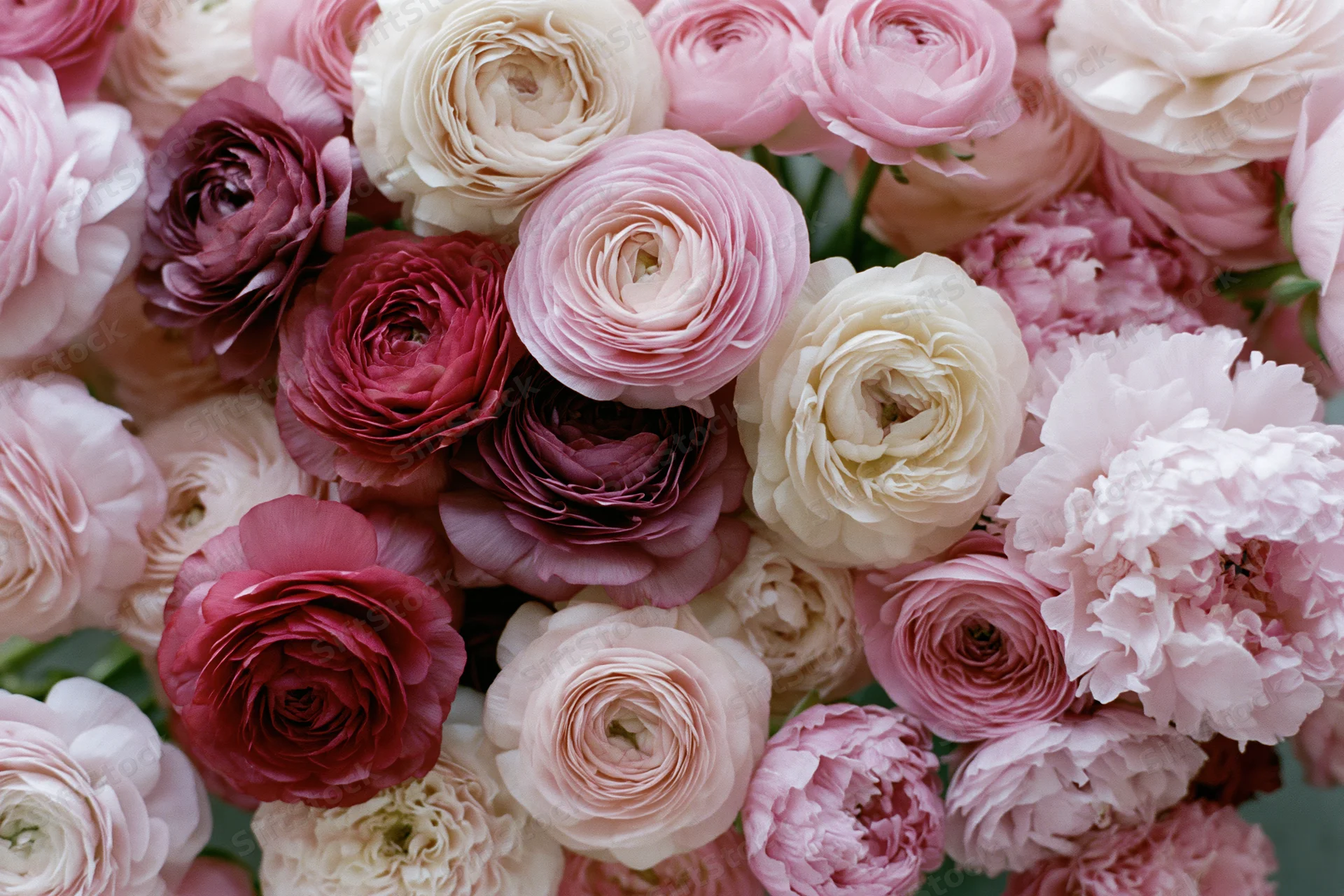 Dense cluster of ranunculus and peony-like flowers in shades of pink, white, and red