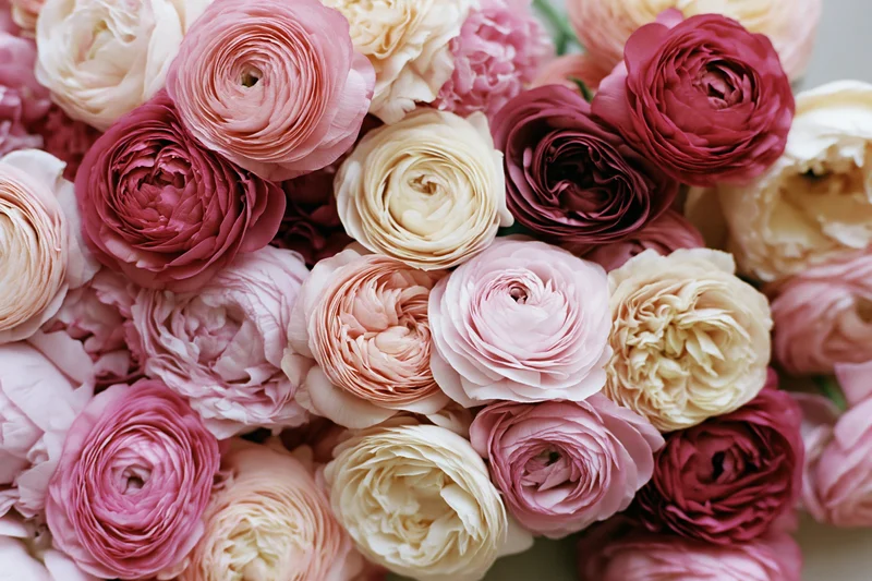 Dense cluster of pink and cream ranunculus and peony-like blooms in a floral arrangement
