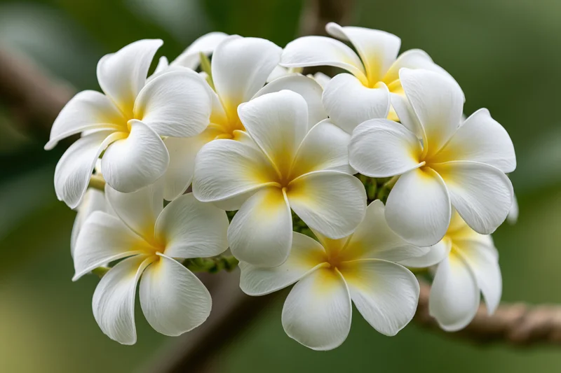 Cluster of white plumeria frangipani flowers with yellow centers on a branch in a garden setting