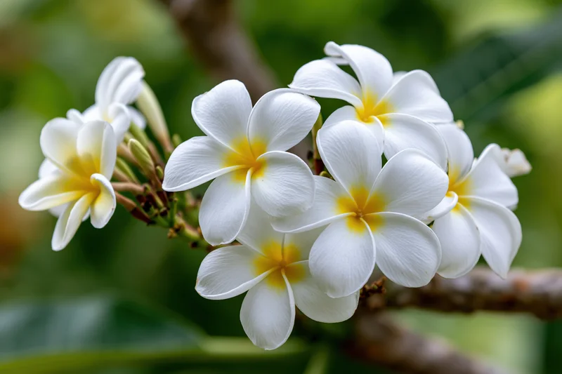 Cluster of white plumeria frangipani flowers with yellow centers on a branch surrounded by green foliage