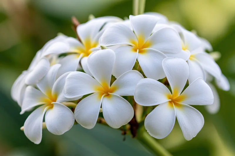 Cluster of white plumeria frangipani flowers with yellow centers in a garden setting