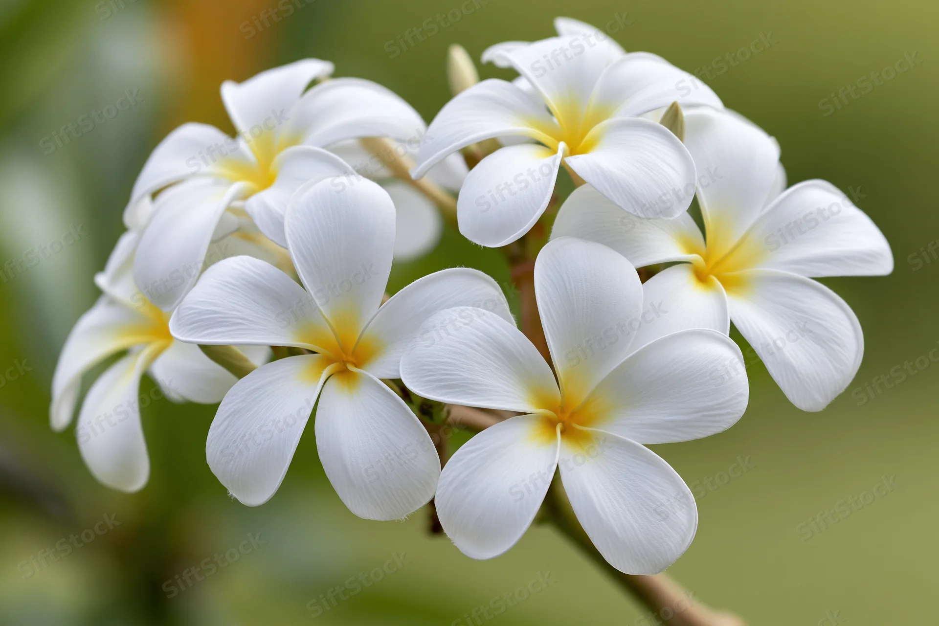 Cluster of white plumeria frangipani flowers with yellow centers on a green blurred background