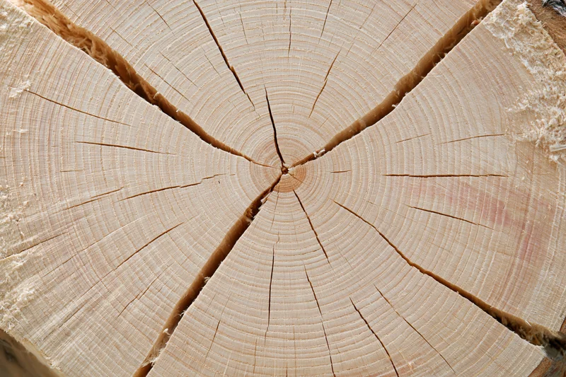 Cross-section of a freshly cut tree trunk showing growth rings and cracks
