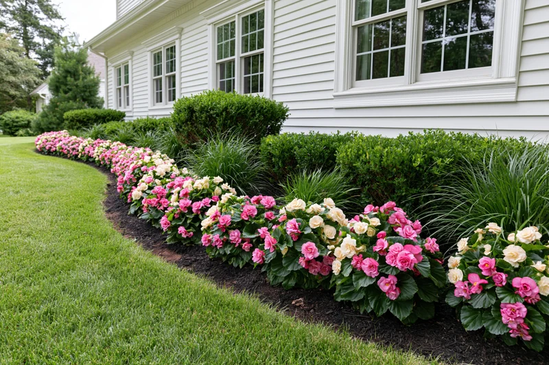 Curved flowerbed with pink and white petunias along white vinyl-sided house exterior