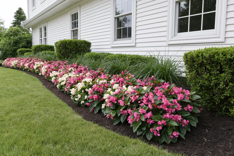 Curved flowerbed with pink and white begonias along white vinyl-sided house exterior
