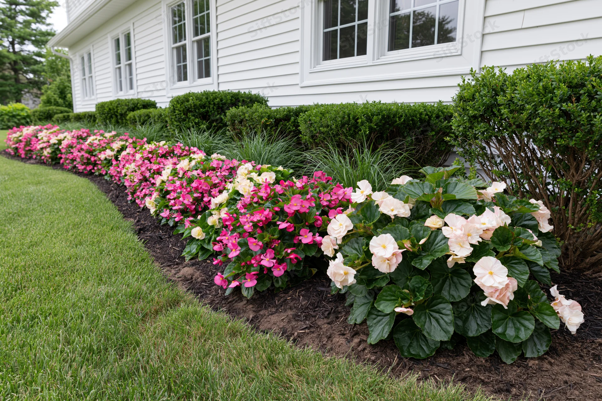 Curved flowerbed with pink and white begonias along white vinyl-sided house exterior
