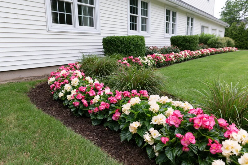 Curved flowerbed with pink and white begonias along white vinyl-sided house exterior