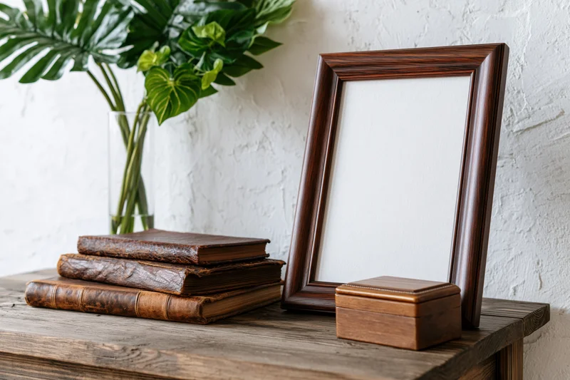 Dark wood picture frame with blank white insert leaning on rustic wooden table beside stack of vintage leather books and potted monstera plant