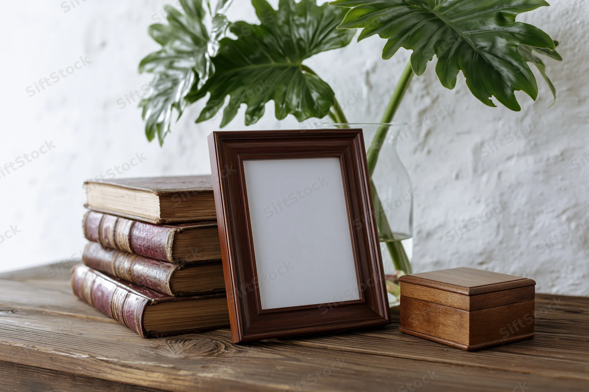 Dark wood picture frame with blank white insert leaning against stack of vintage books on wooden table beside potted monstera plant and small wooden box