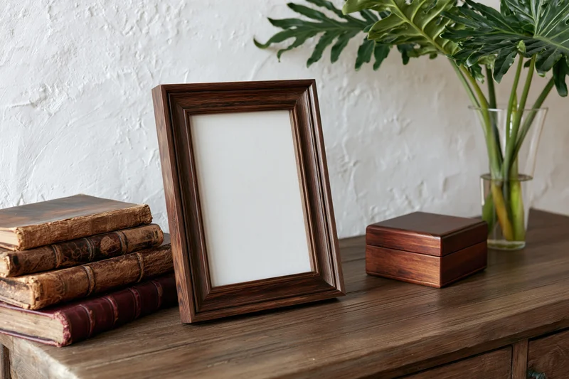 Dark wood picture frame with blank white insert leaning on wooden cabinet beside stack of vintage books and potted monstera plant
