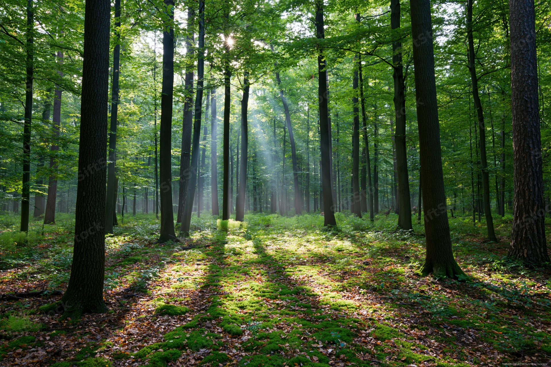 Sunlight filtering through tall trees in a green deciduous forest at morning