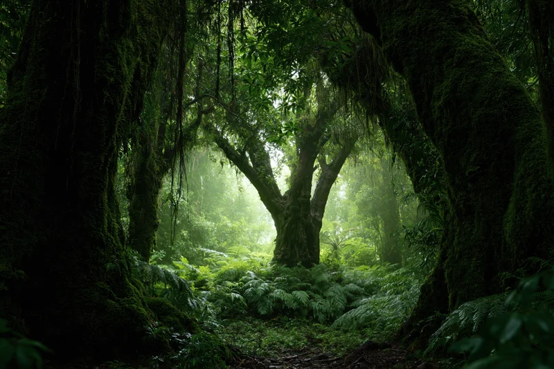 Moss-covered ancient trees forming a tunnel over a forest path in a dense tropical rainforest